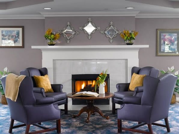 A cozy living room with a fireplace, featuring elegant furniture and stylish decor.