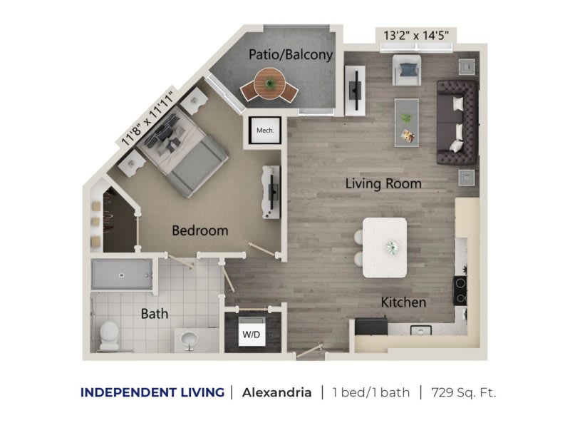 One-bedroom apartment floor plan with a kitchen, living room, bathroom, and patio/balcony.