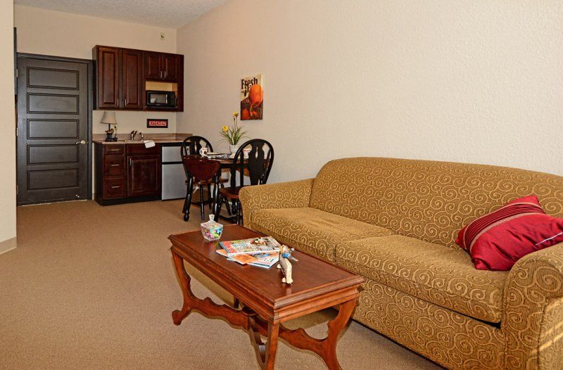 A cozy living space with a sofa and kitchenette.