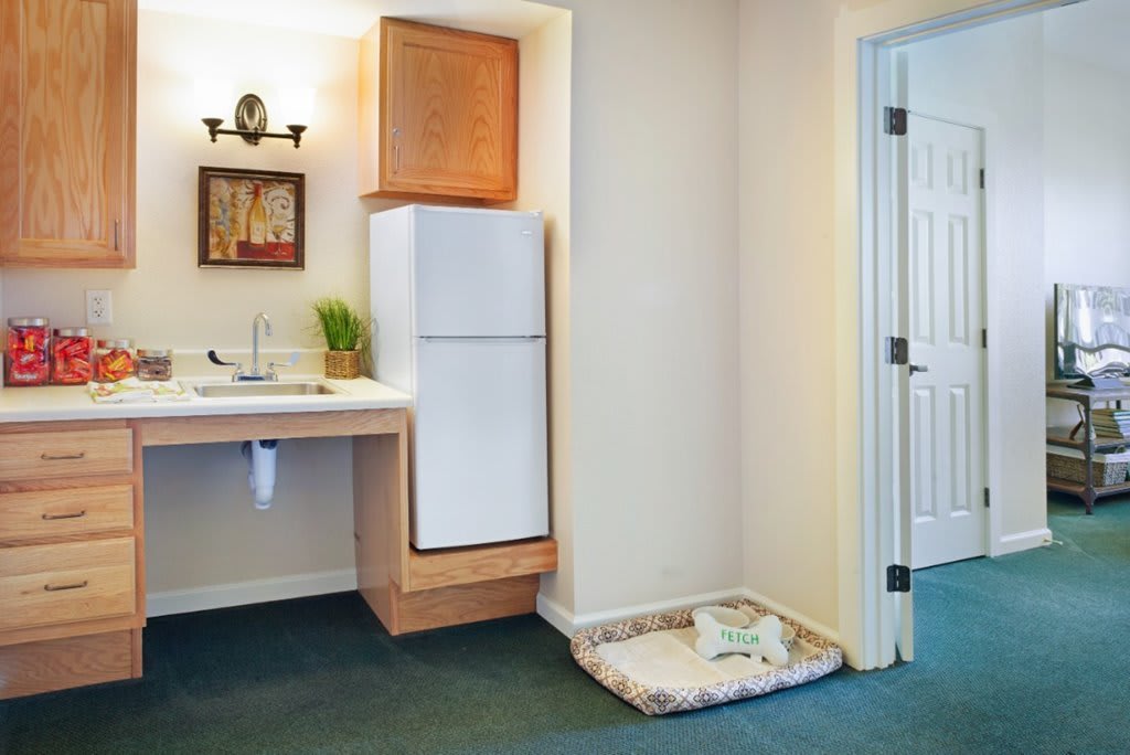 A small kitchenette area with a refrigerator, sink, cabinet, and a pet bed on the floor.