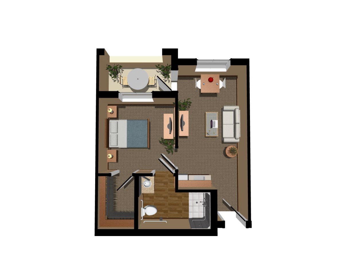 A one-bedroom apartment floor plan featuring a kitchen, living room, and bathroom.