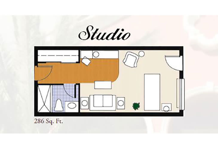 A floor plan of a studio apartment measuring 286 square feet, showcasing the layout and interior design.