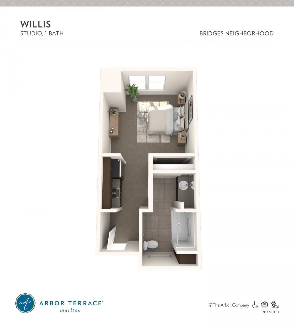 A 3D floor plan of a 1-bedroom, 1-bathroom studio apartment.