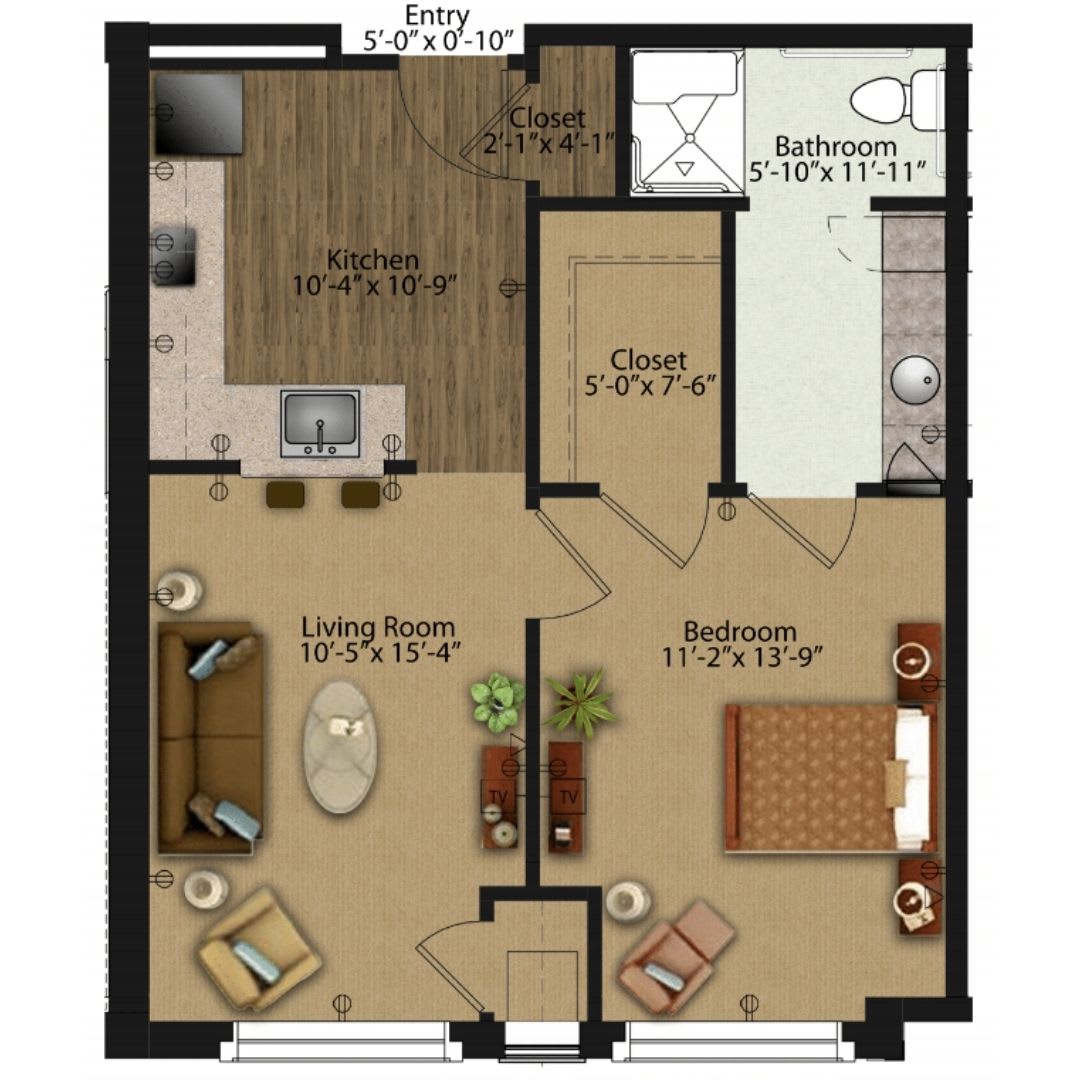 A floor plan of a one-bedroom apartment featuring a living room, kitchen, and bathroom.