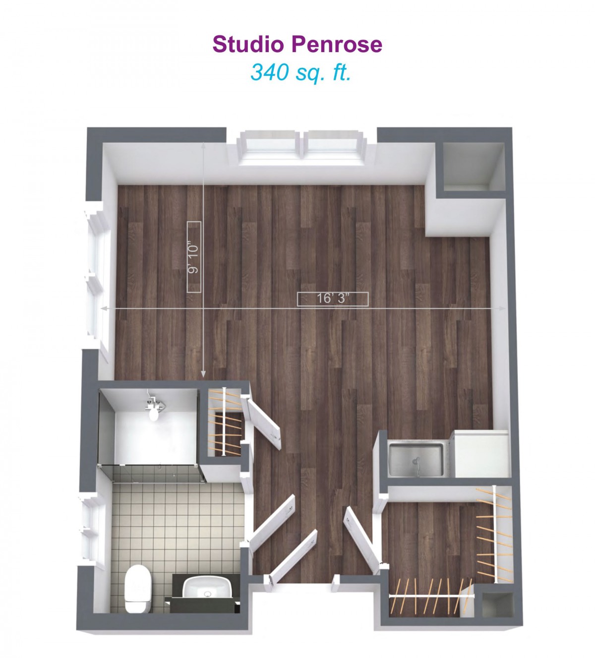 Studio Penrose floor plan with a total area of 340 sq. ft.