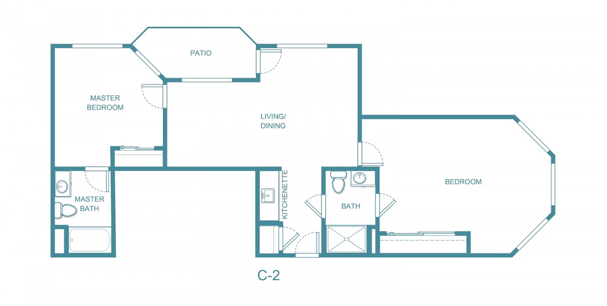 A blueprint of an apartment with a labeled C-2 design, featuring a patio, living area, kitchen, bathroom, and bedroom.