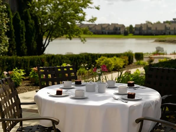 A serene outdoor dining setup by the lake, featuring a round table with a white tablecloth and several chairs, surrounded by lush greenery.