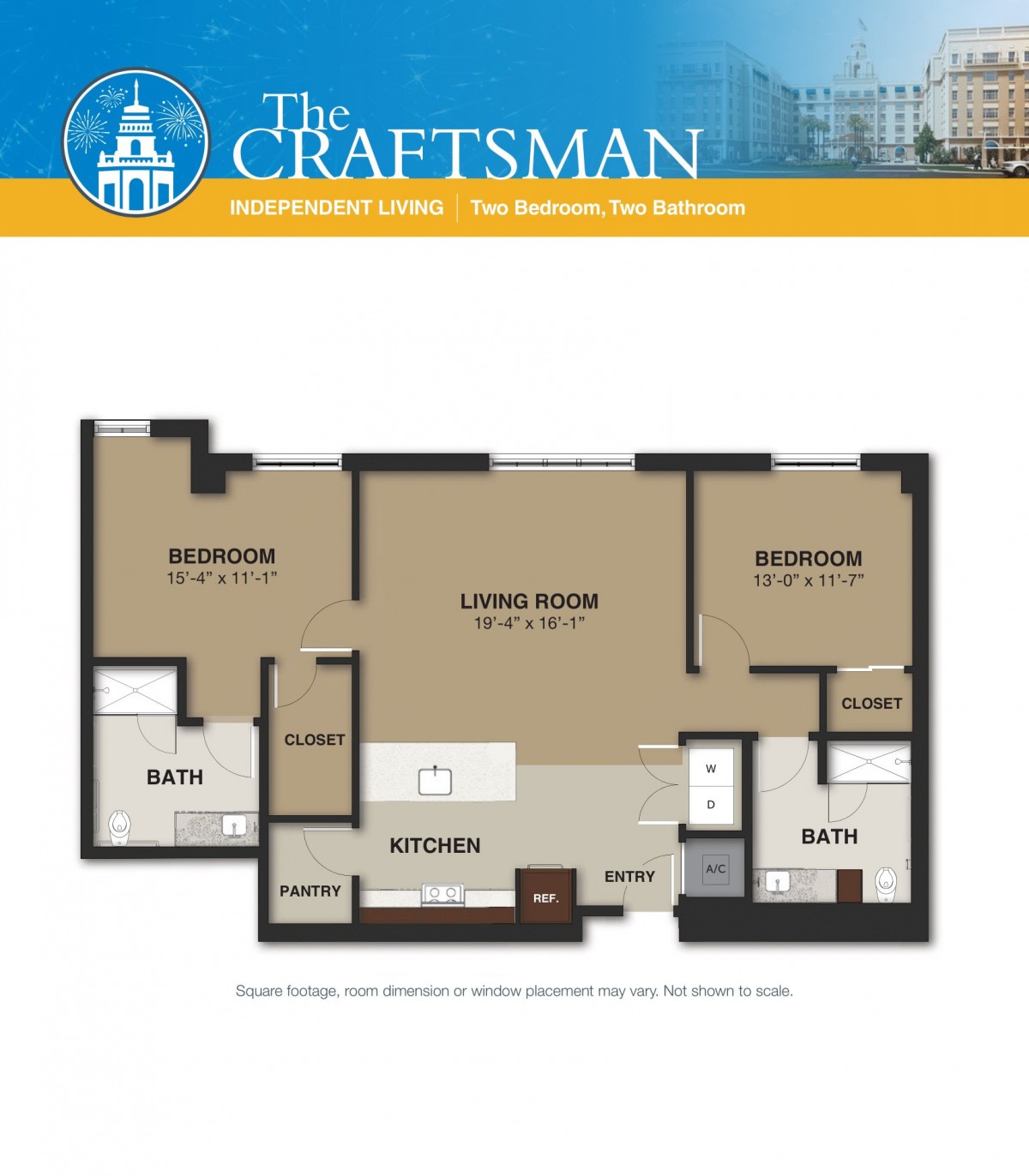 Floor plan of a two-bedroom apartment at The Craftsman residence.