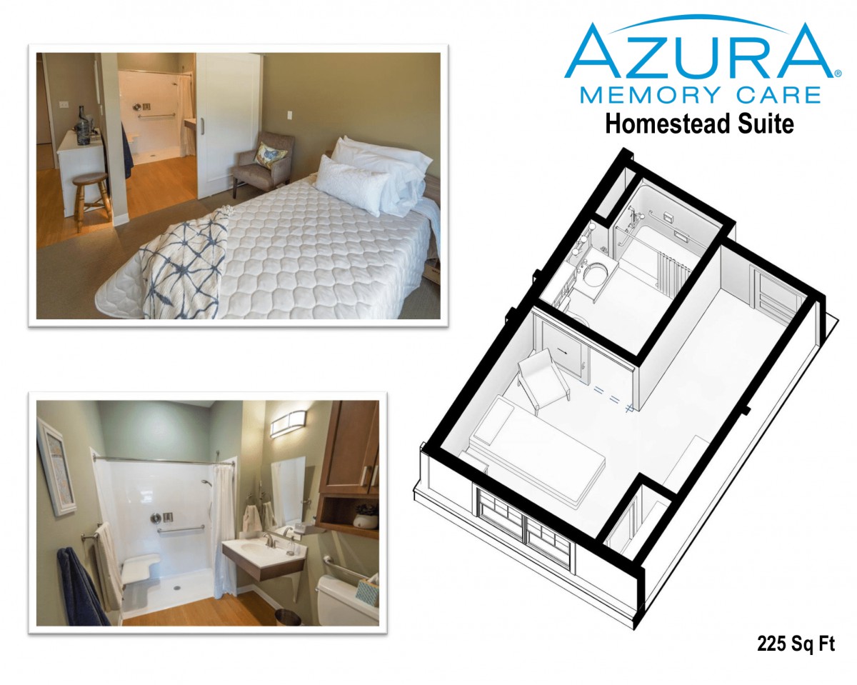 Layout and images of a homestead suite at Azure Memory Care.