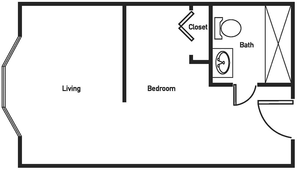 Simple floor plan of an apartment with a living area, bedroom, bathroom, and closet.