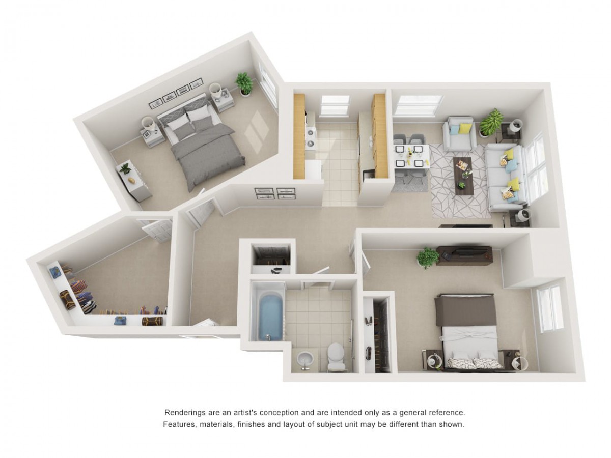 A 3D rendered floor plan of a two-bedroom apartment with a living room, kitchen, and bathroom.