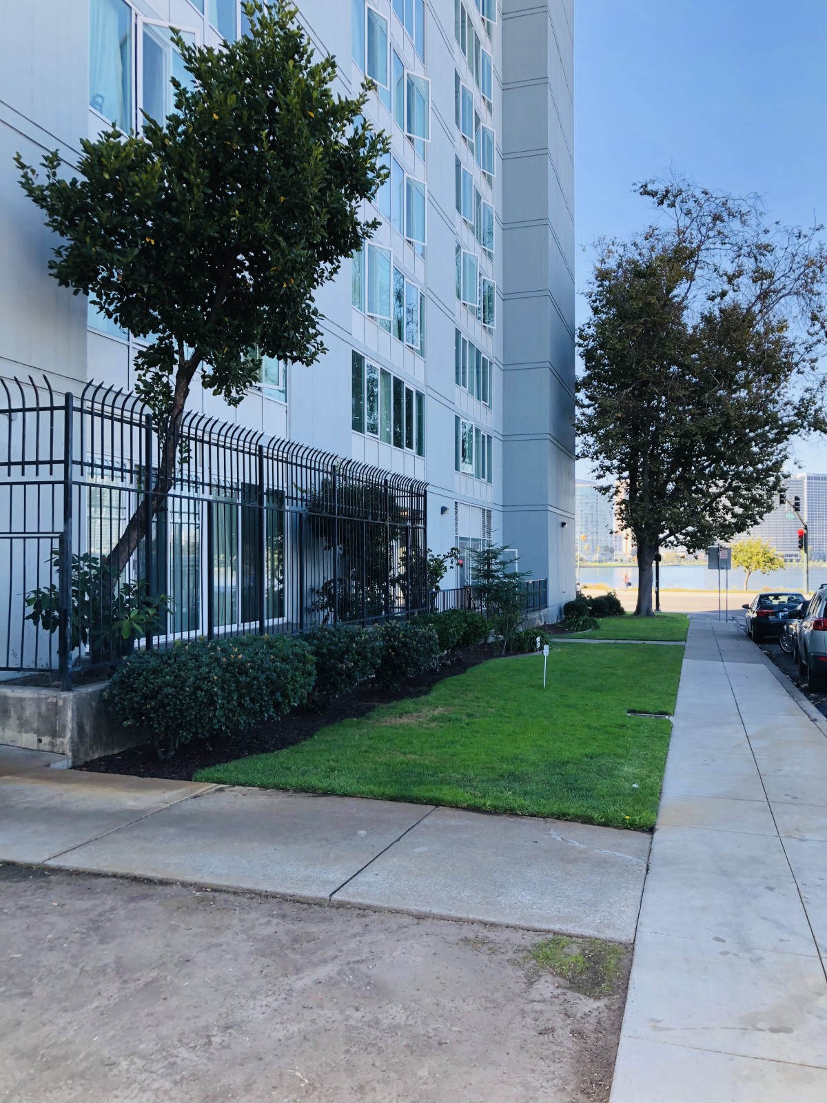A street view of a building with a sidewalk and greenery.