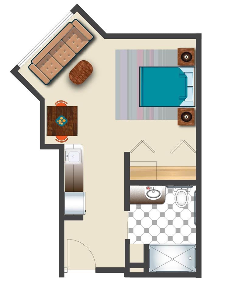 A compact studio apartment floor plan featuring a combined living and sleeping area, a small dining table, a kitchenette, and an adjacent bathroom.