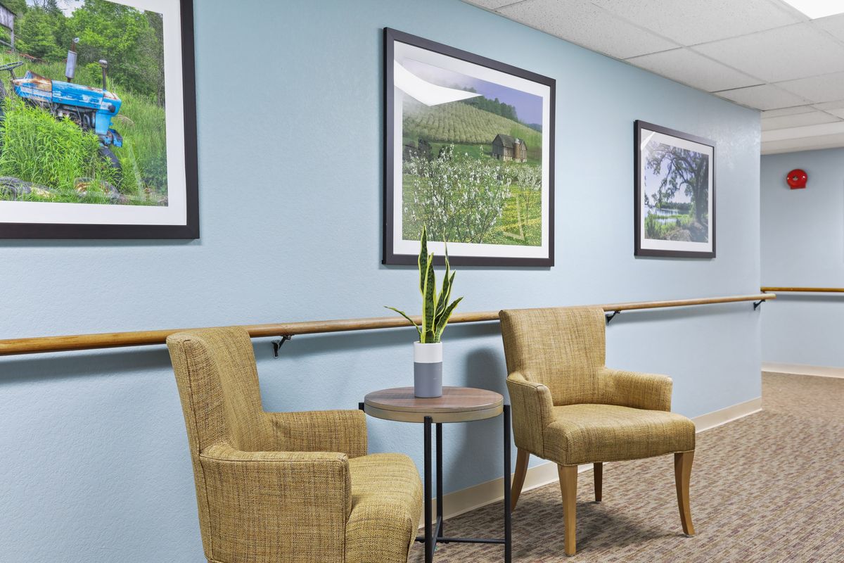 A hallway with two chairs and a table topped with a potted plant, set against a wall adorned with framed pictures.
