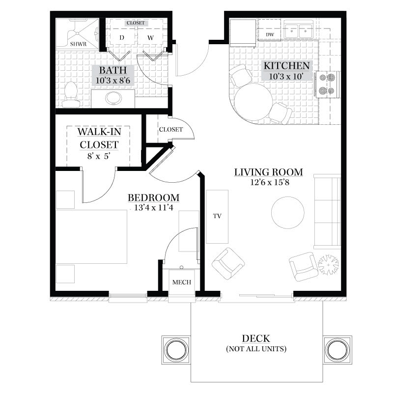 One-bedroom apartment floor plan with living room, kitchen, bathroom, walk-in closet, and balcony.