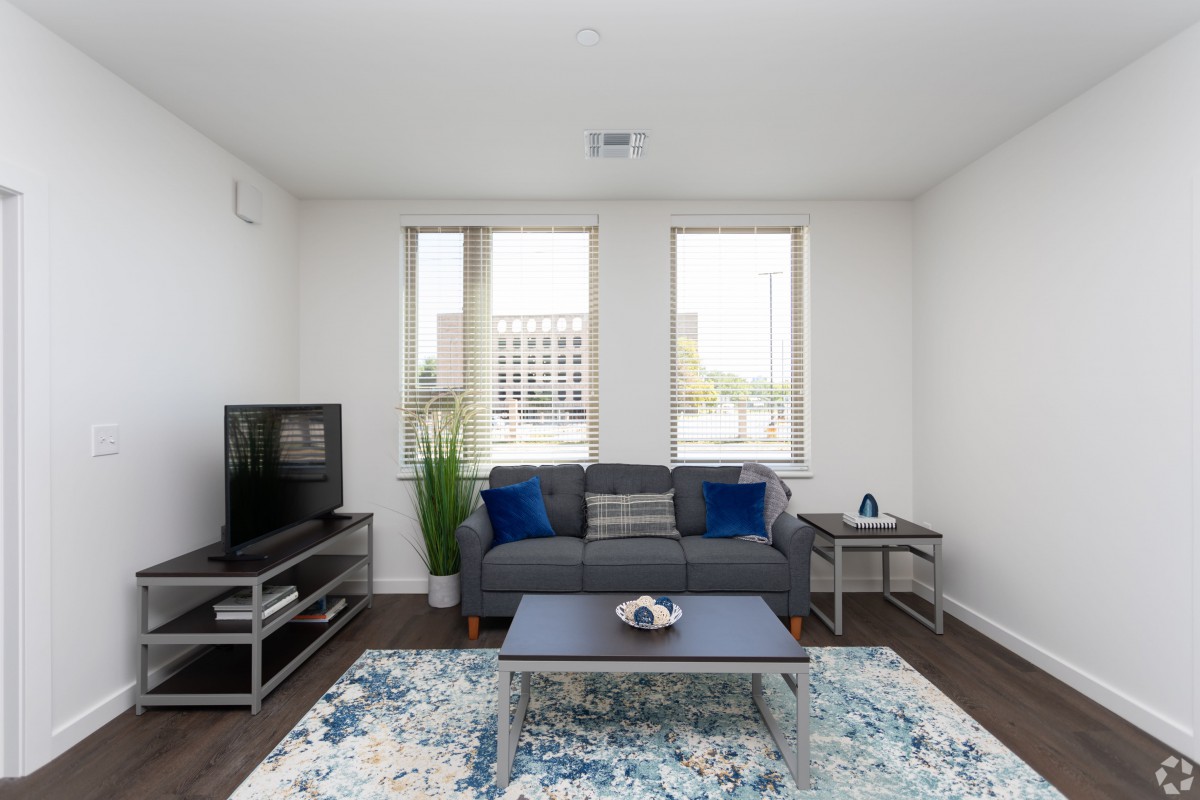 A modern living room with a cozy sofa, patterned carpet, and a television set.