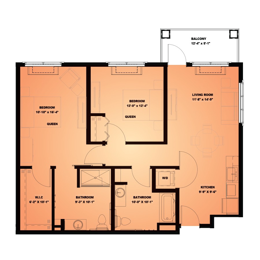 A floor plan of a two-bedroom apartment with living room, dining area, and kitchen.