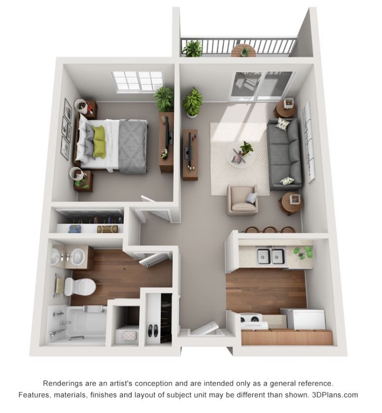 A 3D floor plan of a one-bedroom apartment featuring a living room, kitchen, bathroom, and balcony.
