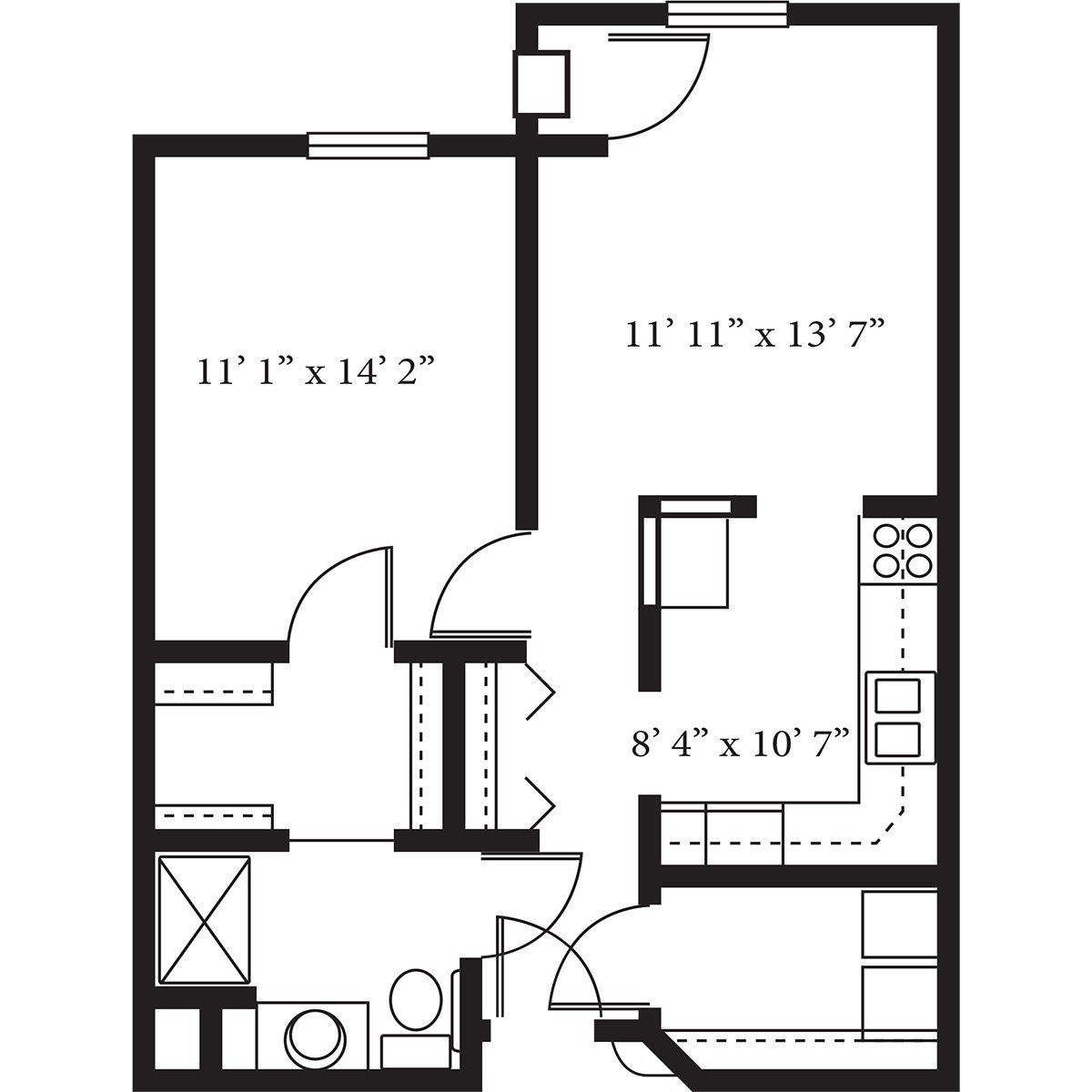 Floor plan of a residential apartment featuring a living area, kitchen, bedroom, and bathroom.