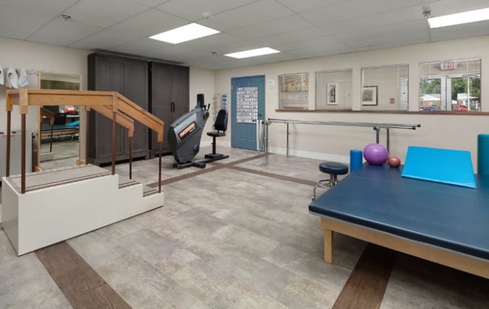 A physical therapy room equipped with exercise equipment and therapy tools.