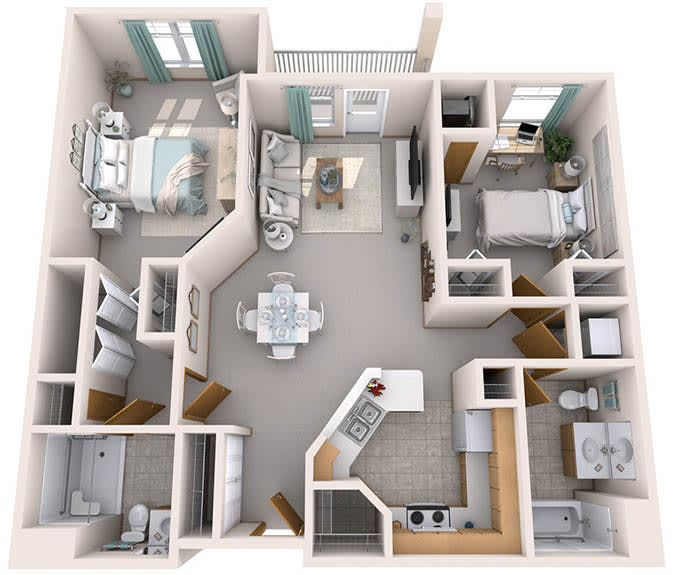 A 3D floor plan of a modern apartment with two bedrooms, a living room, kitchen, and dining area.