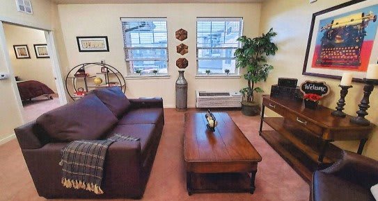 A cozy living room with a brown sofa, wooden coffee table, and two windows letting in natural light.