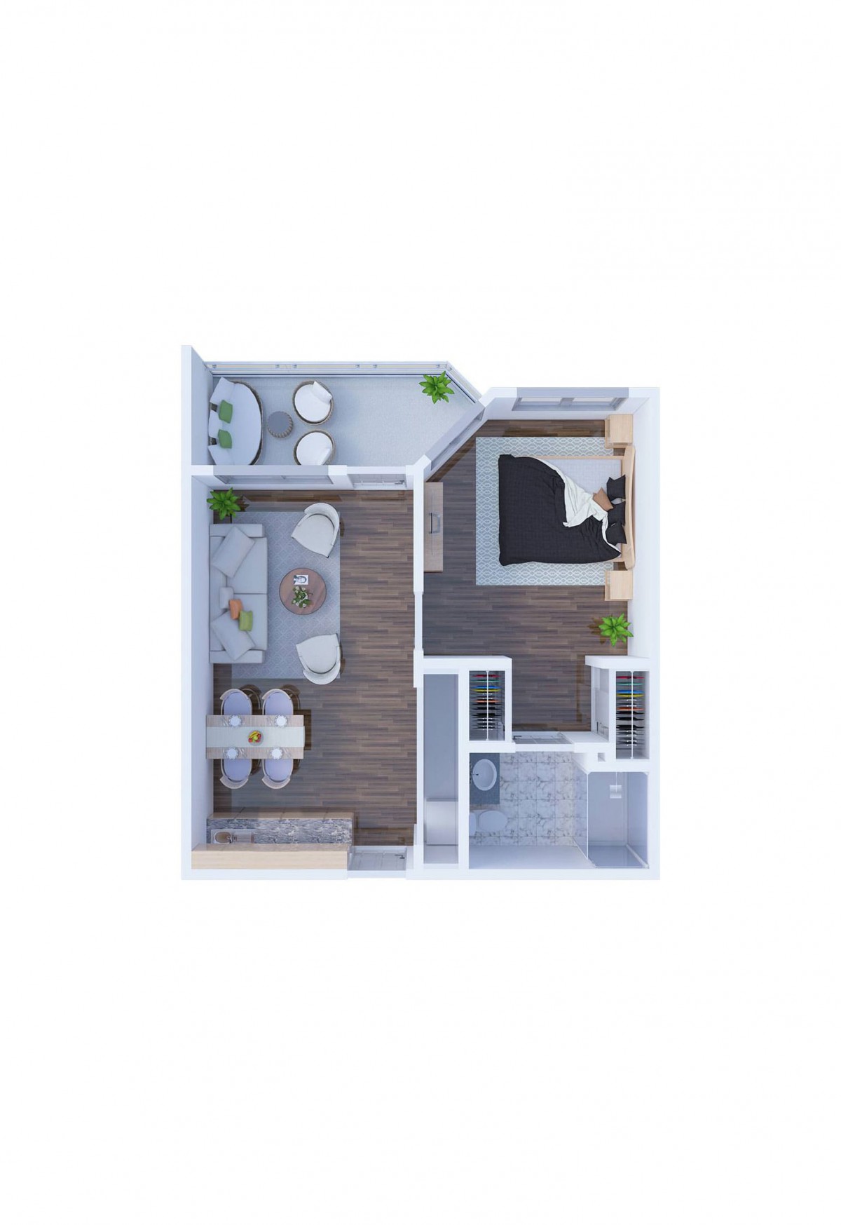 A modern apartment floor plan featuring an open living area, kitchen, and bedroom.