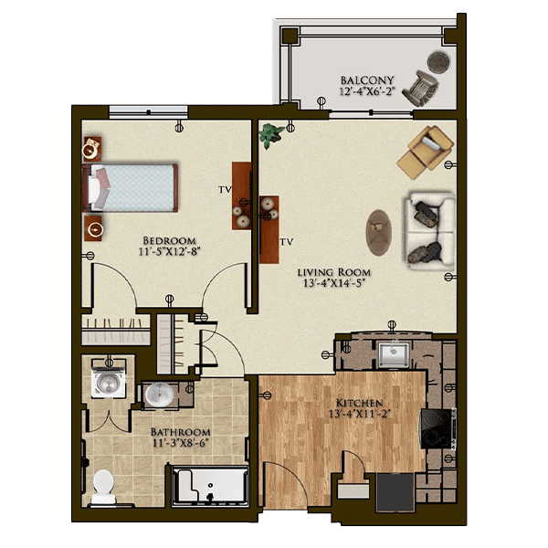 Floor plan of a one-bedroom apartment with living room, kitchen, bathroom, and balcony.