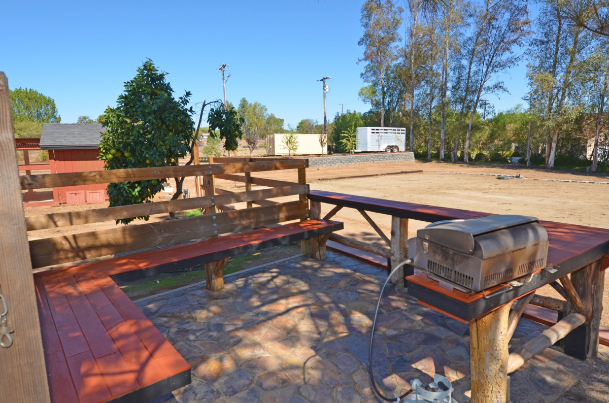 A sunny outdoor patio area with wooden benches and a table, surrounded by trees.