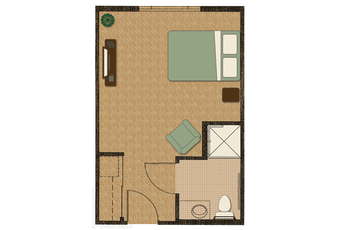 A floor plan of a studio apartment with a bedroom and bathroom.