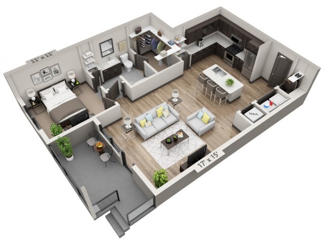 A 3D rendered floor plan of a modern apartment featuring a living room, kitchen, bedroom, and bathroom.
