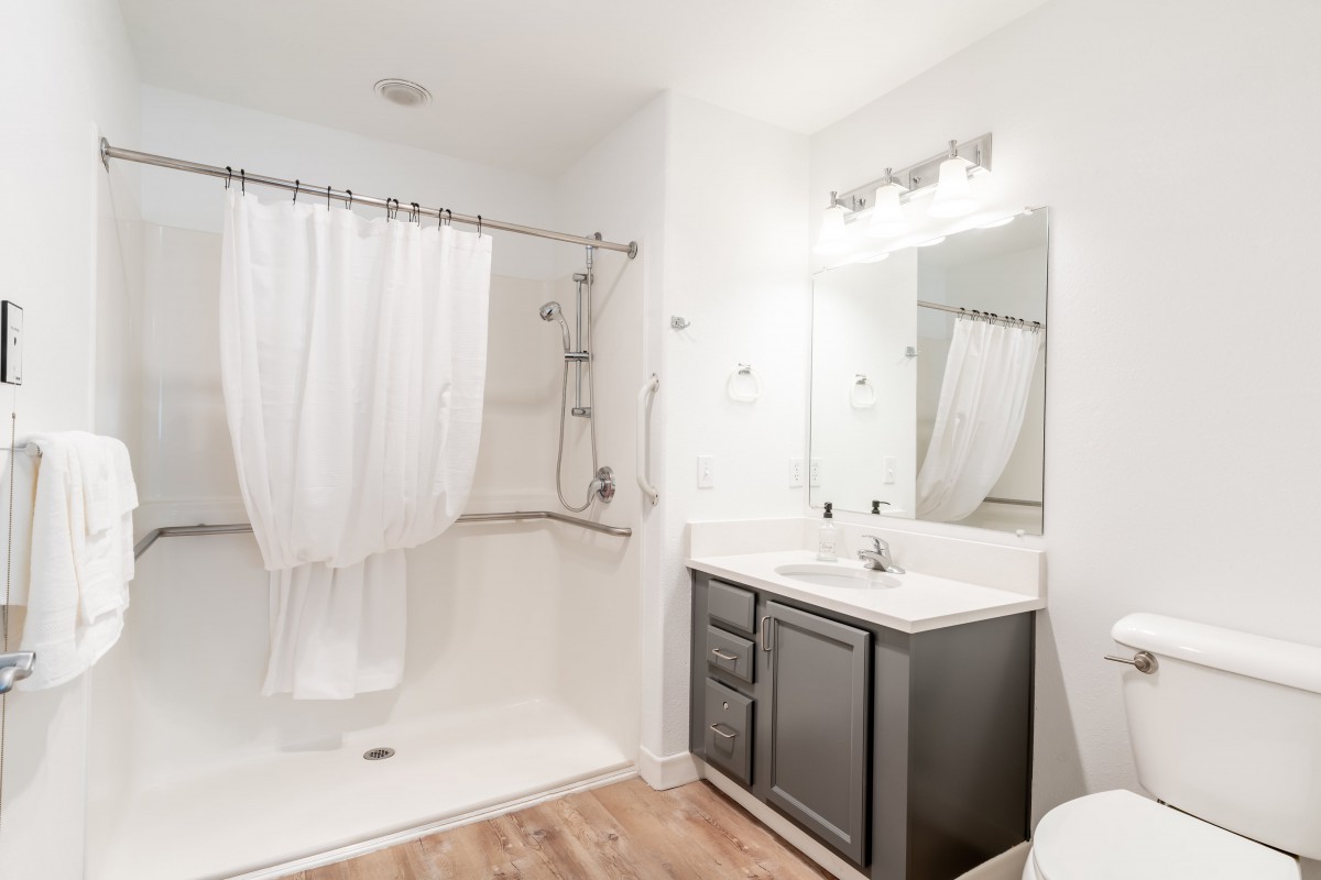 A modern bathroom with a shower, sink, and mirror.