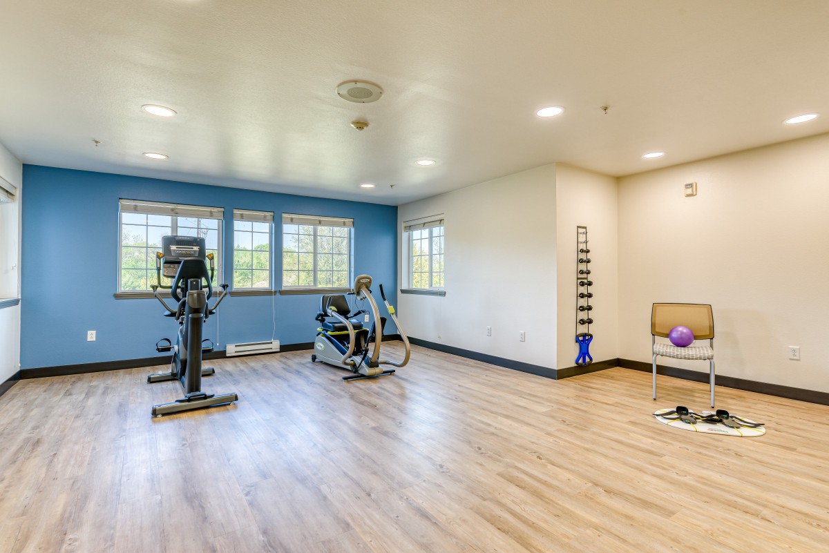 A spacious home gym with exercise equipment and ample natural light.