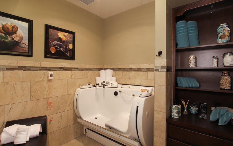 A well-appointed bathroom features a unique bathtub against a tiled wall, artwork, and neatly arranged shelves with towels.