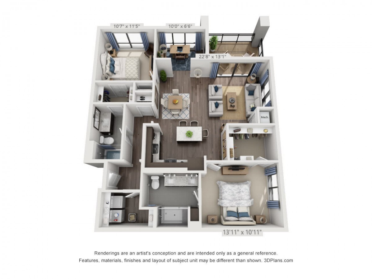 A detailed 3D floor plan of an apartment showcasing the arrangement of rooms and furniture.