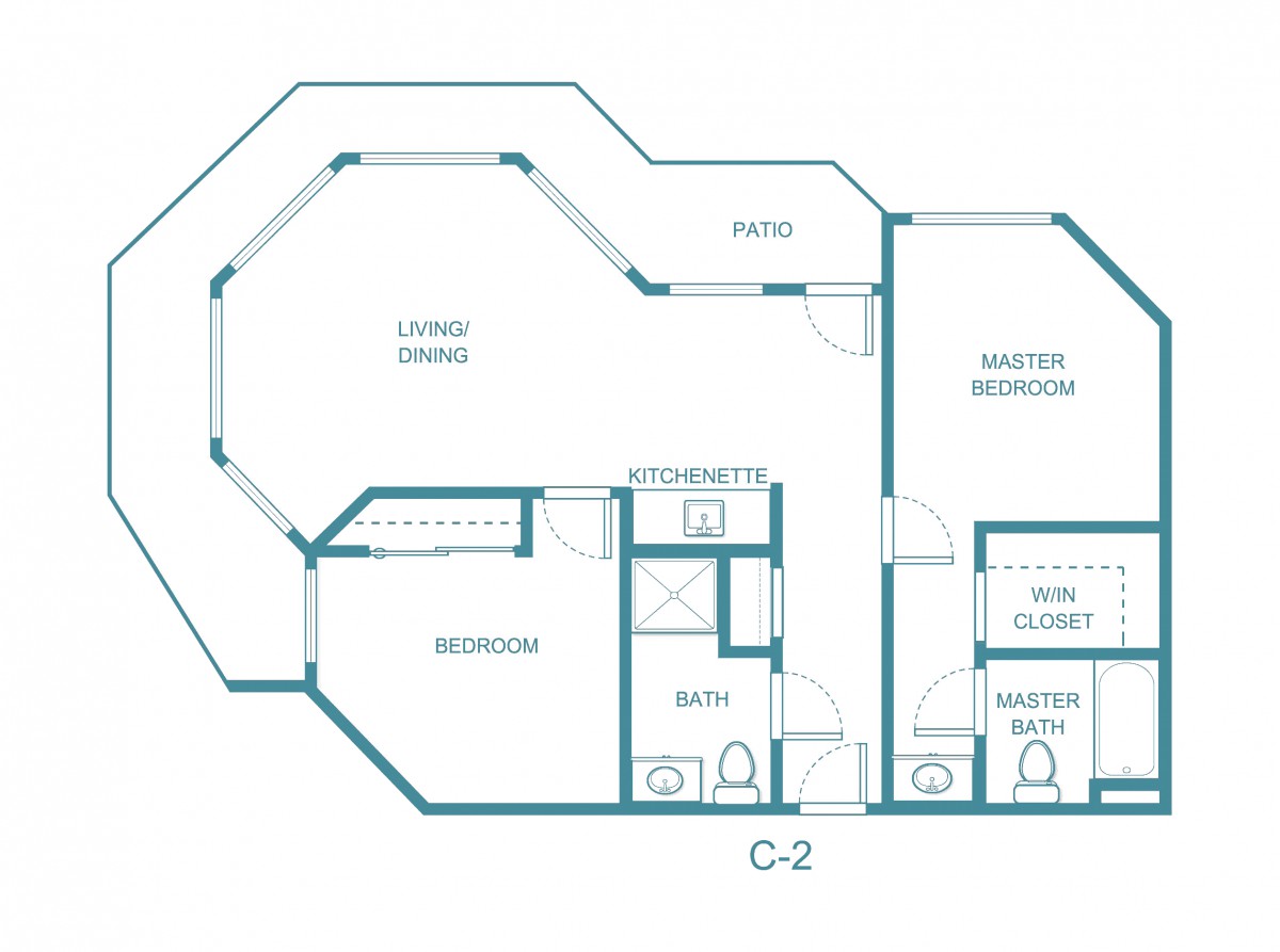 Detailed floor plan of an apartment with two bedrooms and a living area.