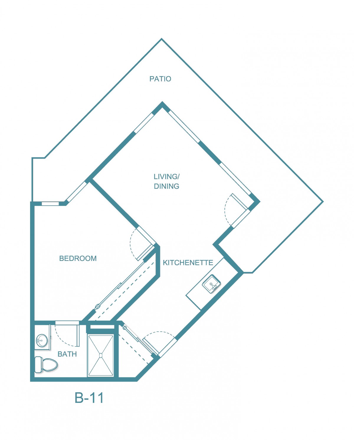 One-bedroom apartment floor plan with living/dining area and bathroom.