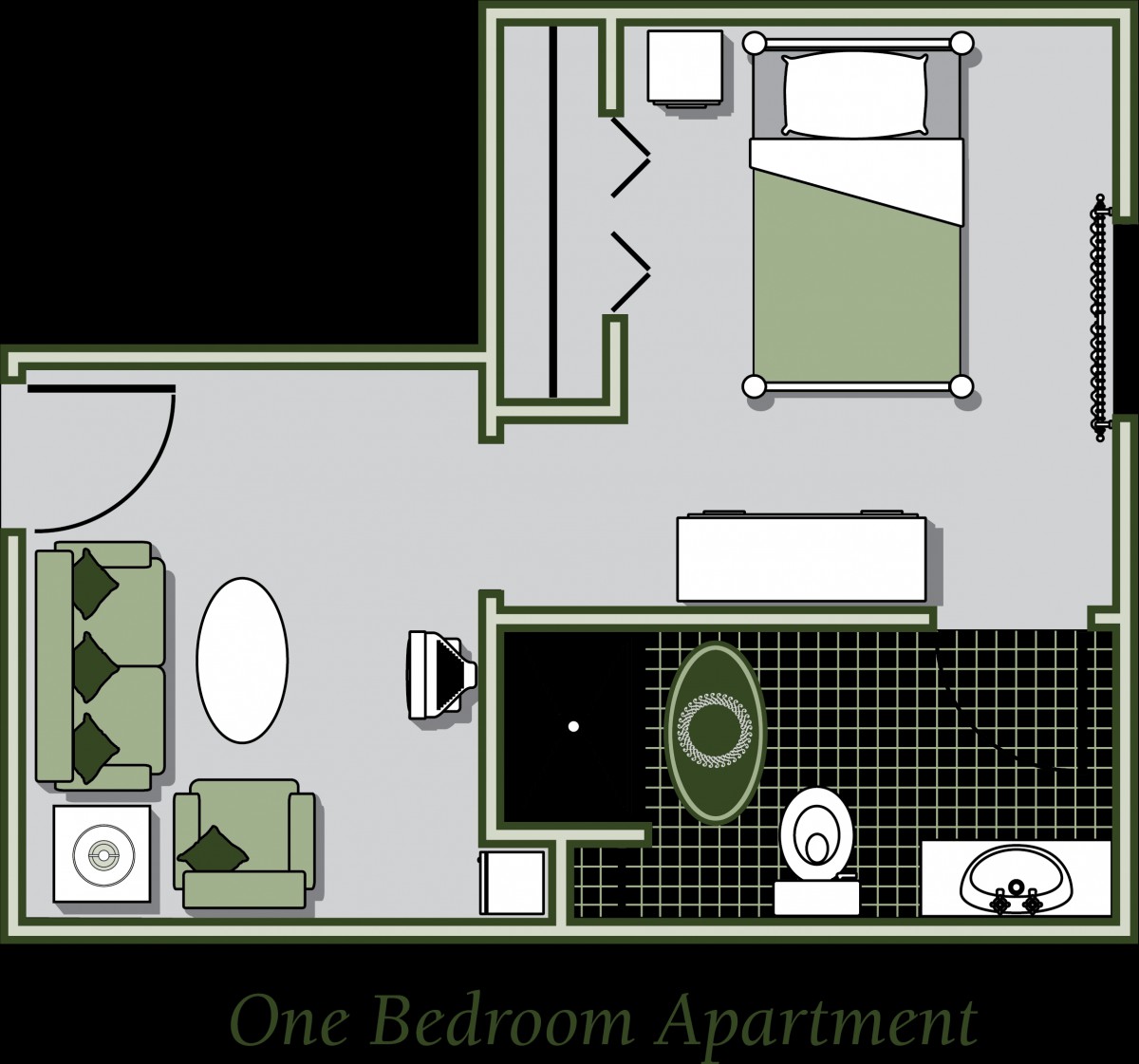 A floor plan of a one-bedroom apartment featuring a living room, kitchen, and bathroom.