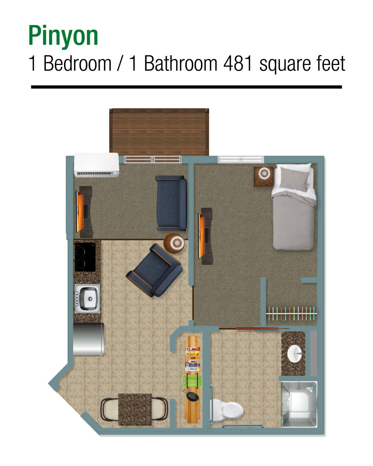 A floor plan of a 1 bedroom, 1 bathroom apartment covering 481 square feet.
