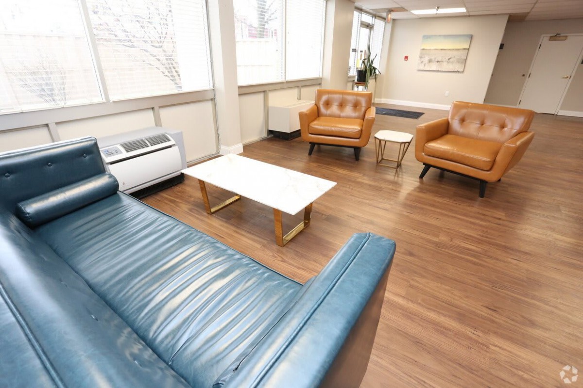 A modern living room with leather sofas and a coffee table on hardwood flooring.