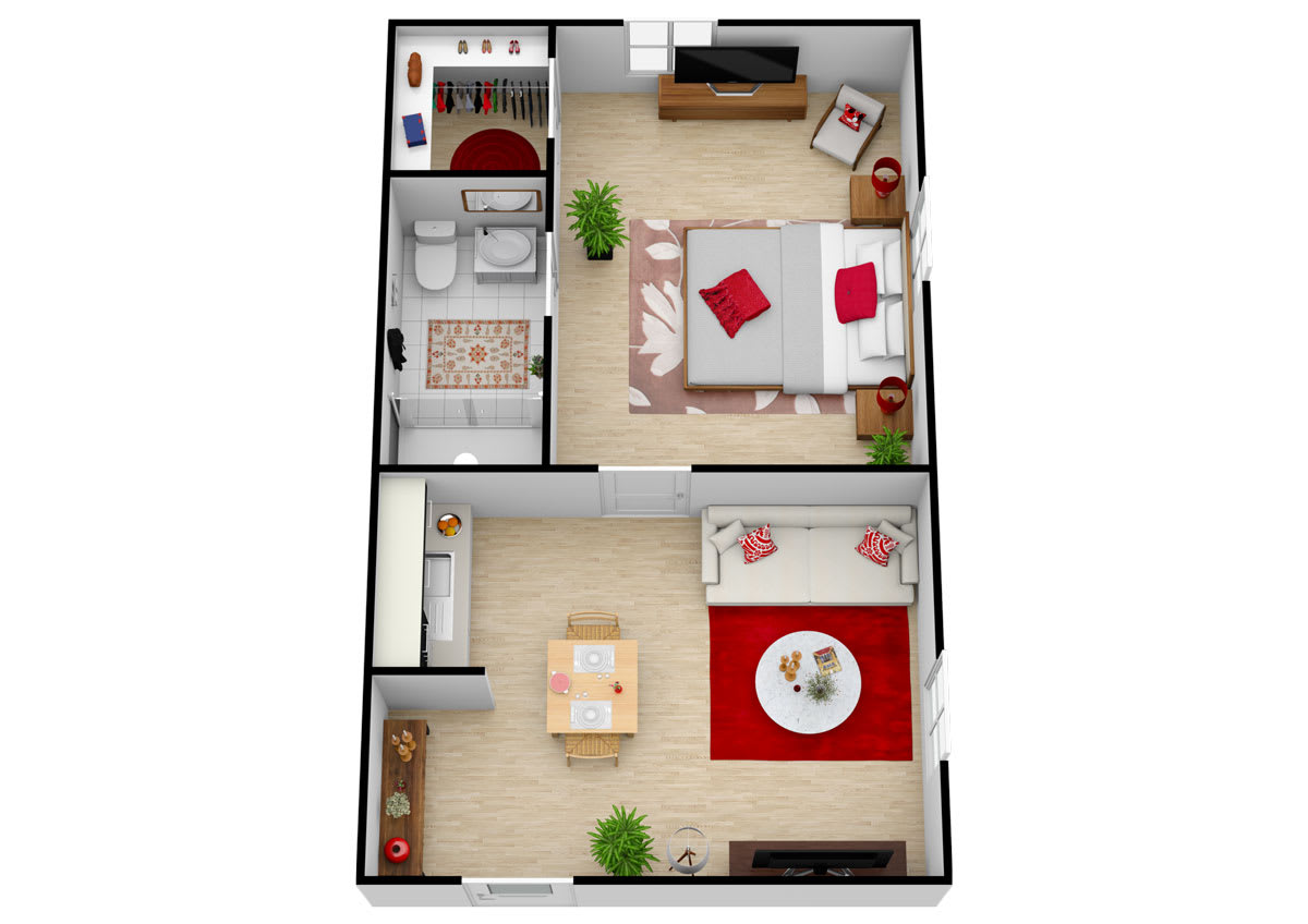 A detailed floor plan of a modern one-bedroom apartment, showcasing the living room, kitchen, bathroom, and bedroom with furniture arrangement.