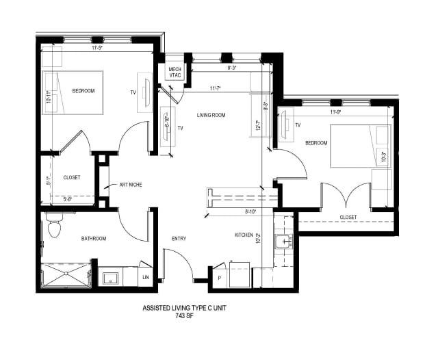 Architectural floor plan of a residential unit, showing the layout of rooms and spaces.