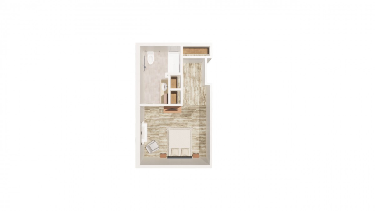 A compact one-bedroom apartment floor plan with a bathroom and kitchen area.