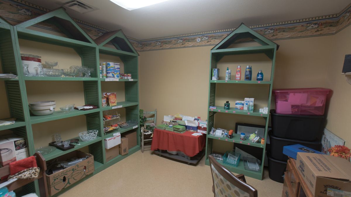 A room with organized shelves displaying various products.