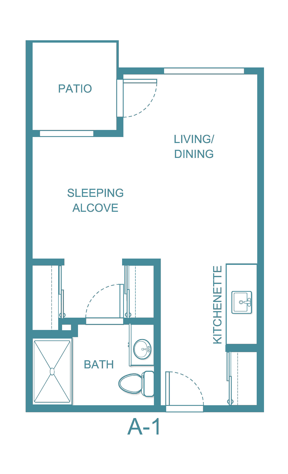 Floor plan of a studio apartment with designated areas for living/dining, sleeping alcove, kitchenette, and bathroom.
