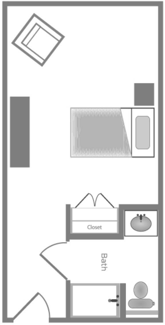 A simple floor plan illustrating the layout of a bedroom with furniture placement.