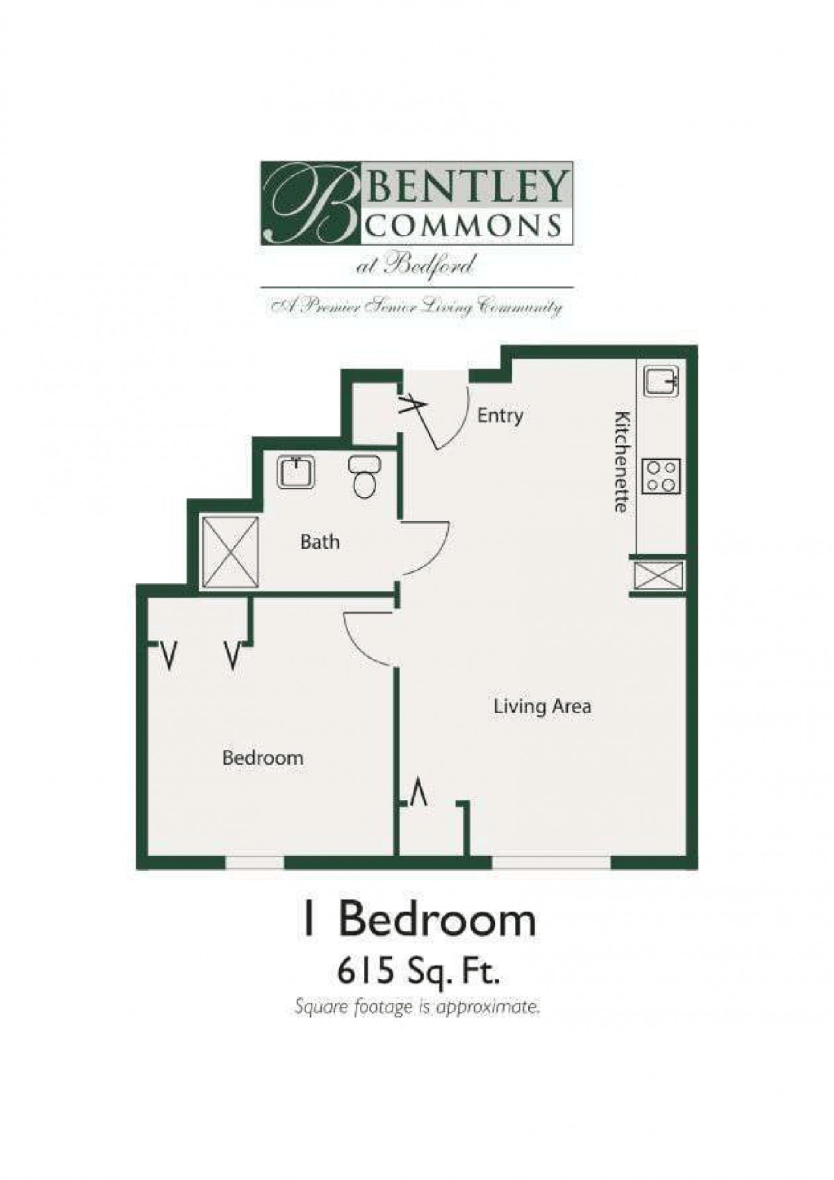 Floor plan of a one-bedroom apartment measuring 615 square feet.