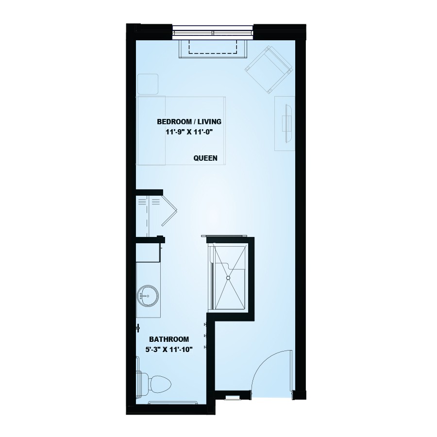 Studio apartment floor plan with a living area, kitchen, and bathroom.