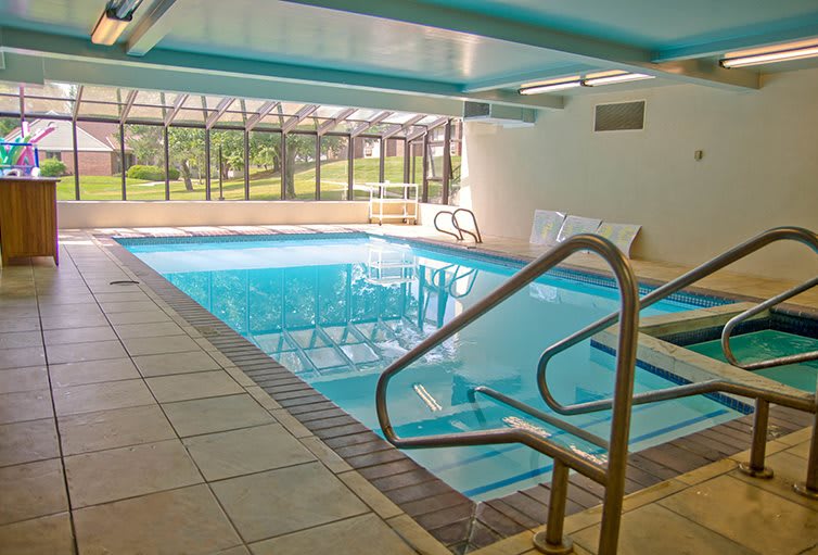 A serene indoor swimming pool with a view of the outdoors.