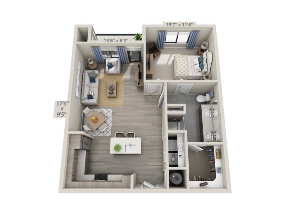 A 3D floor plan of a one-bedroom apartment, featuring a living room, kitchen, and bathroom.